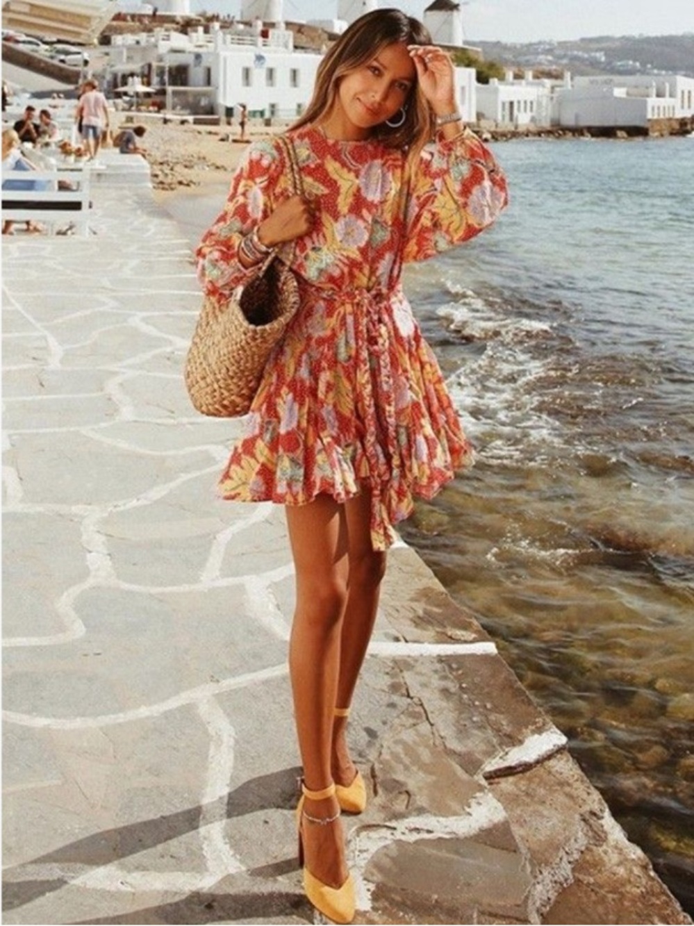 Rhode Dress Ella Mini Braided Fit and Flare in Floral Print Red Yellow